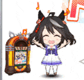 a cartoon girl is standing next to a jukebox and smiling .