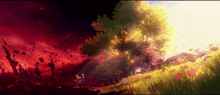 a painting of a field with a tree in the middle