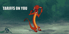 a cartoon of a dragon with the words " tariffs on you " on the bottom