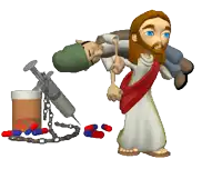 a cartoon of jesus carrying a man with a syringe and pills