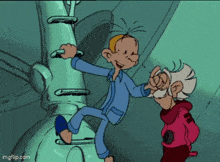 two cartoon characters are standing next to each other and one is giving the other a thumbs up .