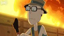 a cartoon of a man with glasses and a hat holding a glove in front of a fire