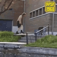 a man is doing a trick on a railing in front of a building that says pasf 1968