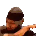 a man wearing a hat and a bandage on his head is pointing .
