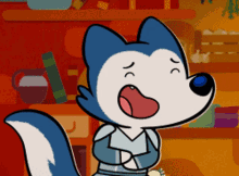 a cartoon drawing of a husky with its mouth open and a sad look on its face