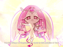 a cartoon of a girl with a harp and the words i am the bringer of happiness