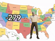 a man is standing in front of a map of the united states with the number 279 on it