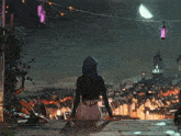 a girl with blue hair is sitting on a balcony looking at the moon