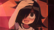 a close up of a cartoon character 's face with a hand on her head