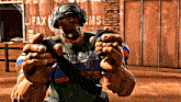 a man in a video game is holding a gun in front of a building that says lifax