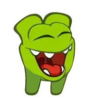 a green cartoon character is laughing with his mouth open