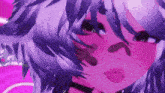a close up of a girl with purple hair and pink eyes .