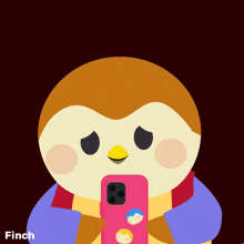 an illustration of a bird holding a cell phone with the words talk to finch
