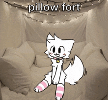 a drawing of a white cat with the words " pillow fort " above it