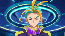 a cartoon character with green and orange hair and a purple jacket is standing in front of a blue circle .