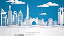 a paper cut out of the skyline of dubai with the words freezone company formation below it