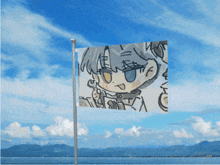 a small flag with a drawing of a boy on it