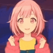 a pink haired anime girl is wearing a yellow shirt and a pink jacket .