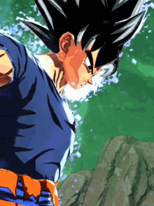 a close up of a cartoon character with a blue shirt and orange pants