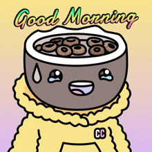 a cartoon of a person wearing a cc hoodie and a bowl of cereal