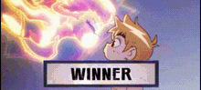 a cartoon of a boy standing in front of a sign that says `` winner '' .
