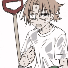 a drawing of a person holding a shovel with a red handle on a white background