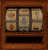 a slot machine with a blue arrow pointing down