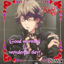 a man with glasses is singing into a microphone with the words good morning and wonderful day