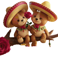 two teddy bears wearing sombrero sitting on a tree branch