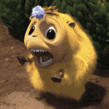 a yellow cartoon character with a blue ball on his head