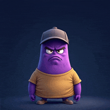 a purple cartoon character wearing a hat and a yellow shirt has an angry look on his face