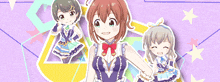 three anime girls are standing next to each other and holding hands