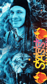 a man with dreadlocks is smiling in front of a lion and the word oasis is on the bottom