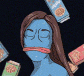 a cartoon of a woman with a blue face and long hair surrounded by boxes of cereal .