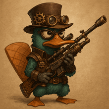 a perry the platypus wearing a top hat and goggles holding a gun
