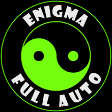 a logo for enigma full auto has a green yin yang symbol