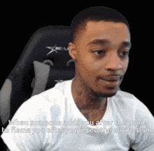 a man sitting in a chair with the words when someone adds you after the game to flame you after you inted the entire team