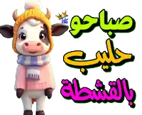 a cartoon cow wearing a pink sweater and a yellow hat stands next to arabic writing