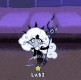 a cartoon character with a purple background and the number 62 on the bottom