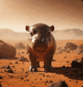 a baby hippopotamus standing in the dirt and rocks