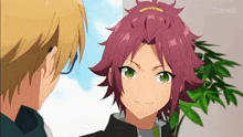 a boy with red hair and green eyes talks to another boy with blonde hair