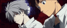 two anime characters are standing next to each other with the words " the first gay boys " written below them