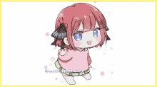 a drawing of a little girl with red hair and blue eyes is titled @mochi_gunin_chan