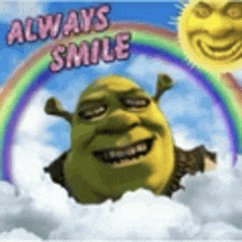 shrek from shrek is smiling in the clouds with a rainbow and sun in the background .