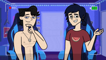 two cartoon characters are standing next to each other with a red rec button