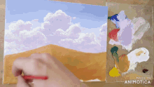 a person is painting a cloudy sky on a canvas next to a palette that says made in animatica
