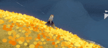 a person standing in a field of yellow and orange flowers
