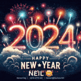 a happy new year greeting card with fireworks and the number 2024
