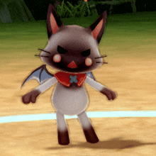 a cartoon cat with bat wings and a red scarf