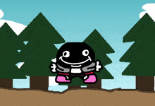 a cartoon character with a smiley face is standing in the middle of a forest